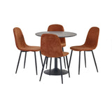 Round dining table with black metal base and four brown velvet chairs