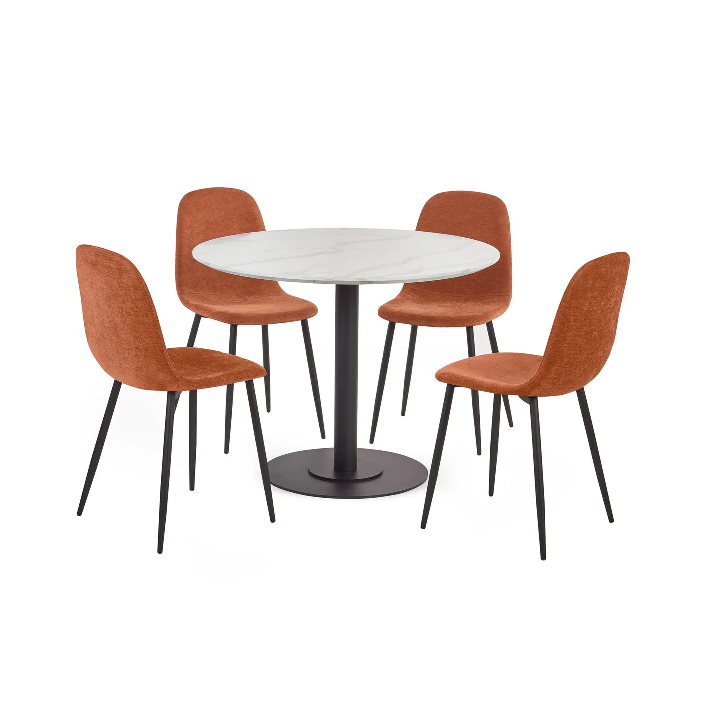 Round white marble dining table with black pedestal base and four orange upholstered chairs