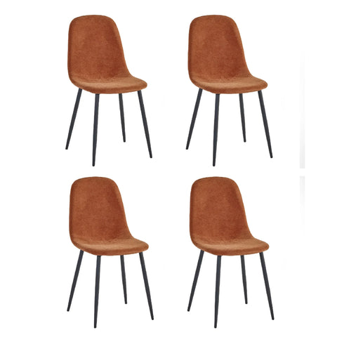 Set of four brown upholstered dining chairs with black metal legs on white background