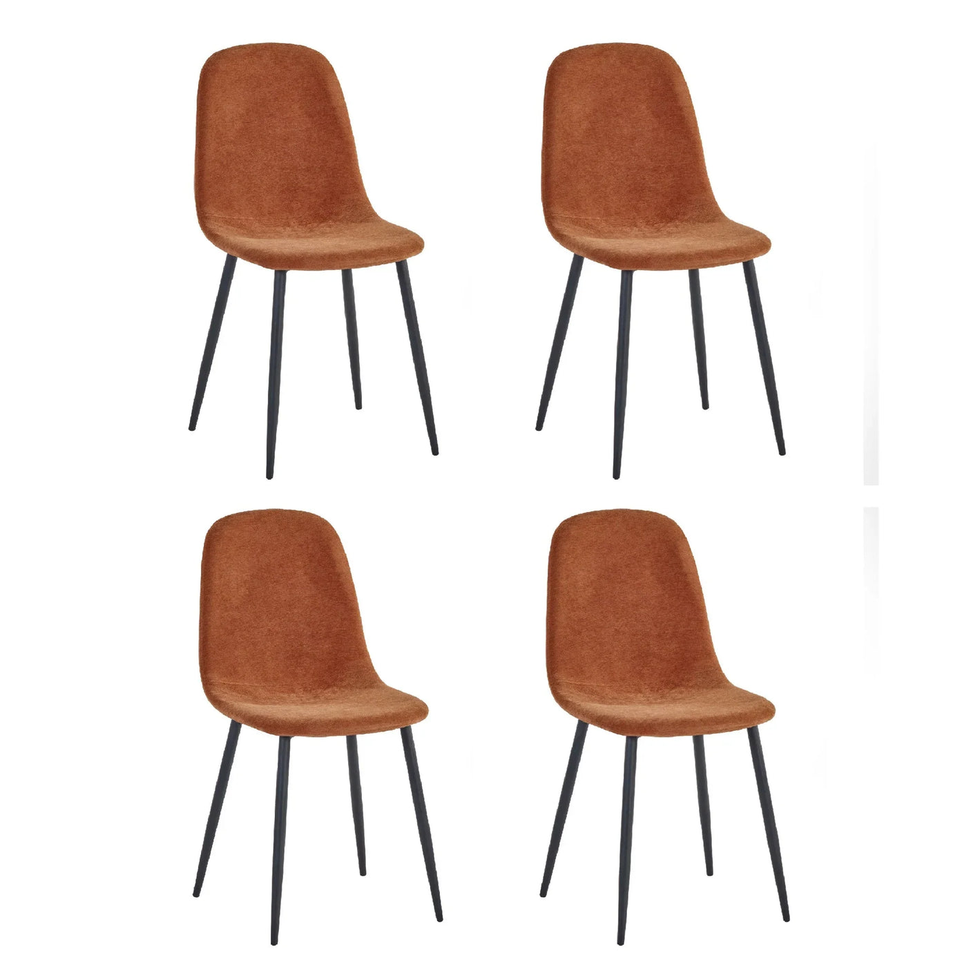 Set of four brown upholstered dining chairs with black metal legs on white background