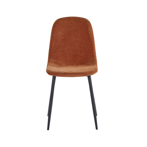 Brown dining chair with curved backrest and black metal legs on white background