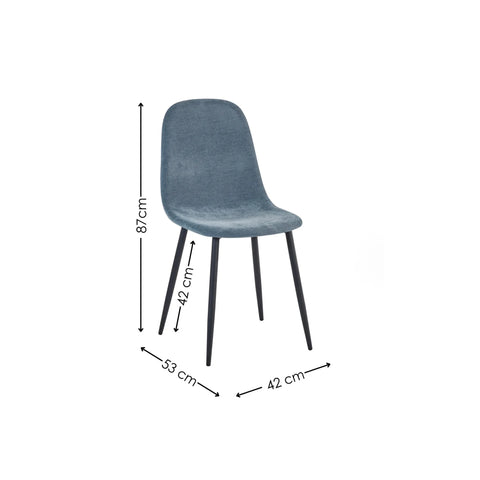Blue fabric dining chair with black metal legs, shown with height and width dimensions