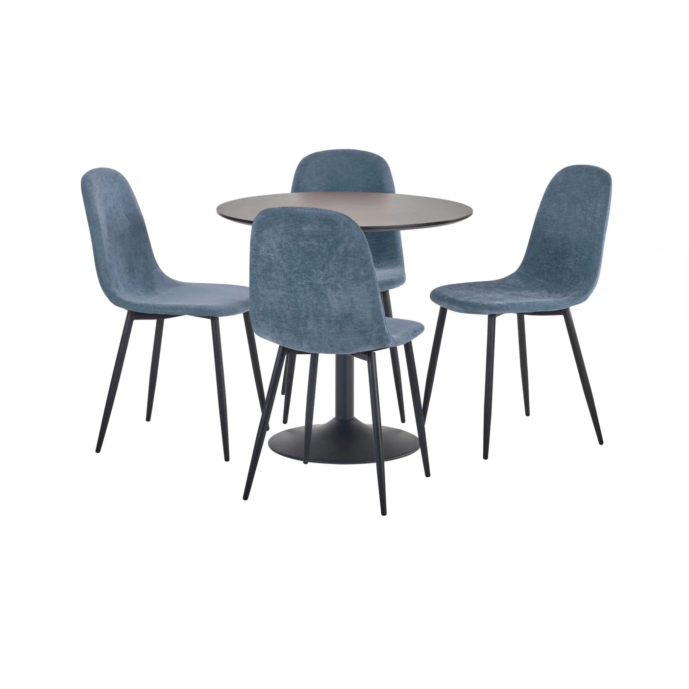 Round dining table set with four blue velvet chairs and black metal legs