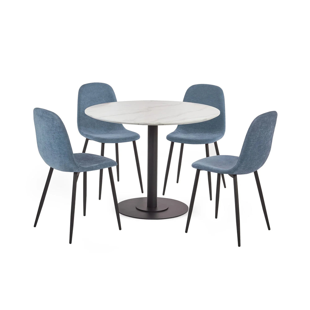 Round marble dining table with black pedestal base and four blue fabric chairs