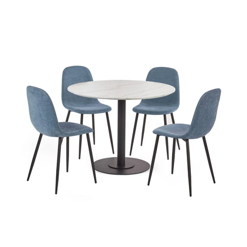 Round marble dining table with black pedestal base and four blue fabric chairs