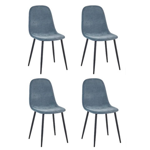Set of four blue fabric dining chairs with black metal legs on white background