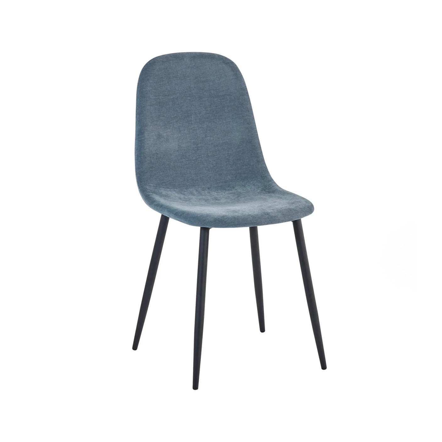 Blue fabric dining chair with curved seat and black metal legs on white background