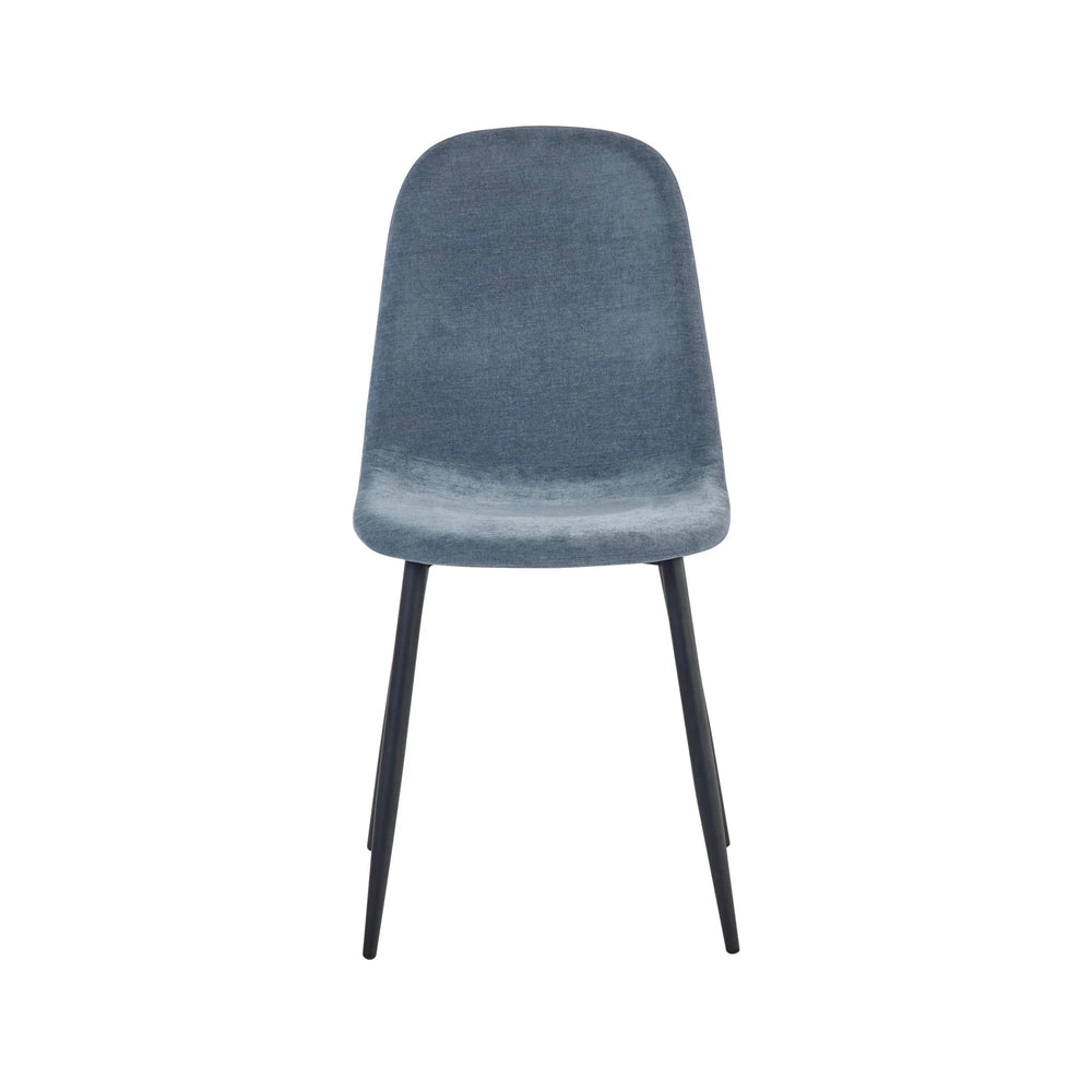 Blue fabric dining chair with metal legs, front view on white background