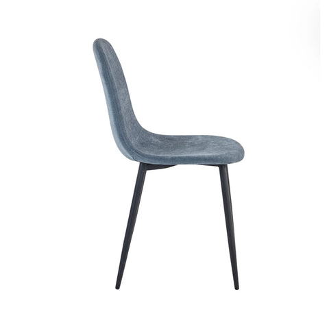 Blue fabric dining chair with curved back and slim black legs, side profile view