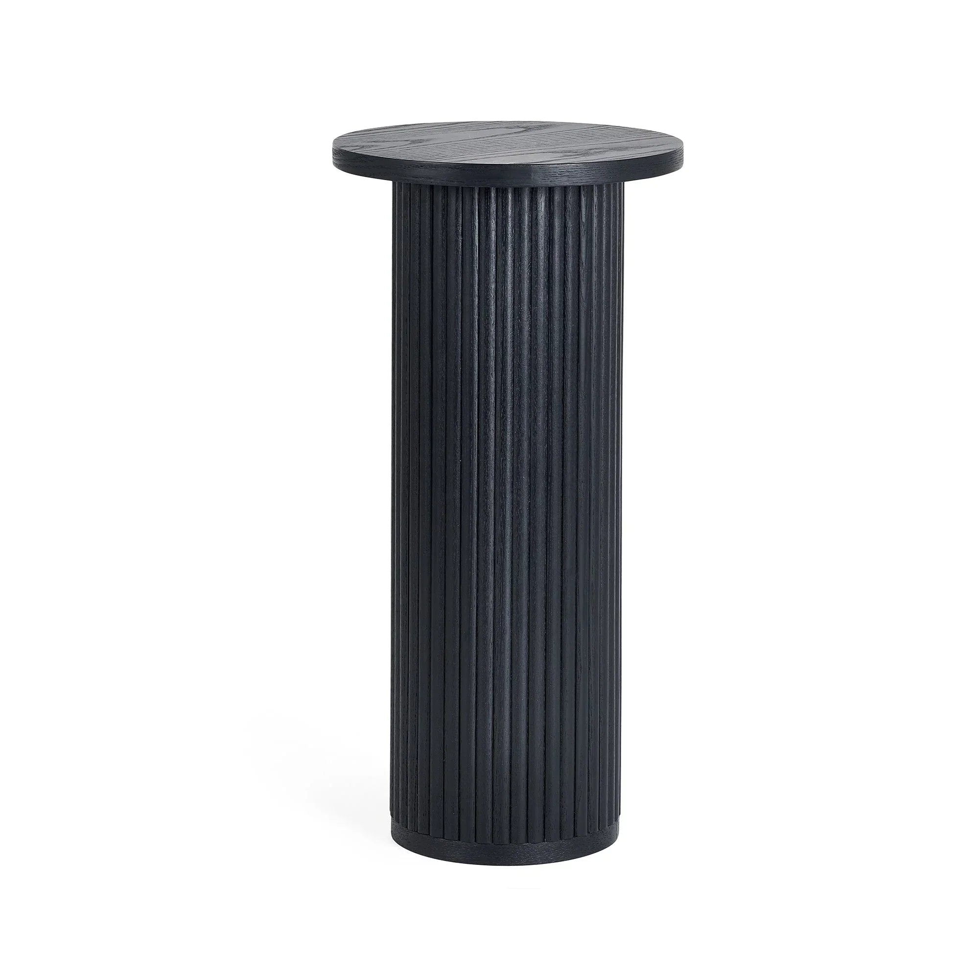 Black fluted drinks table with round top and vertical ribbed base on white background
