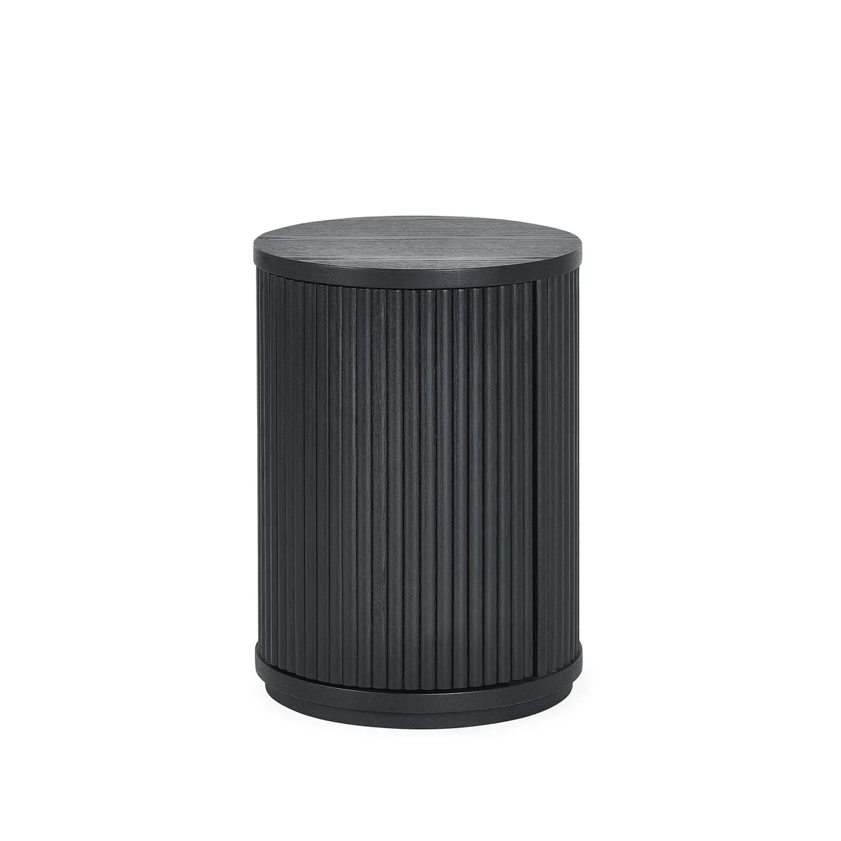 Black fluted side table with round top and vertical grooves on white background