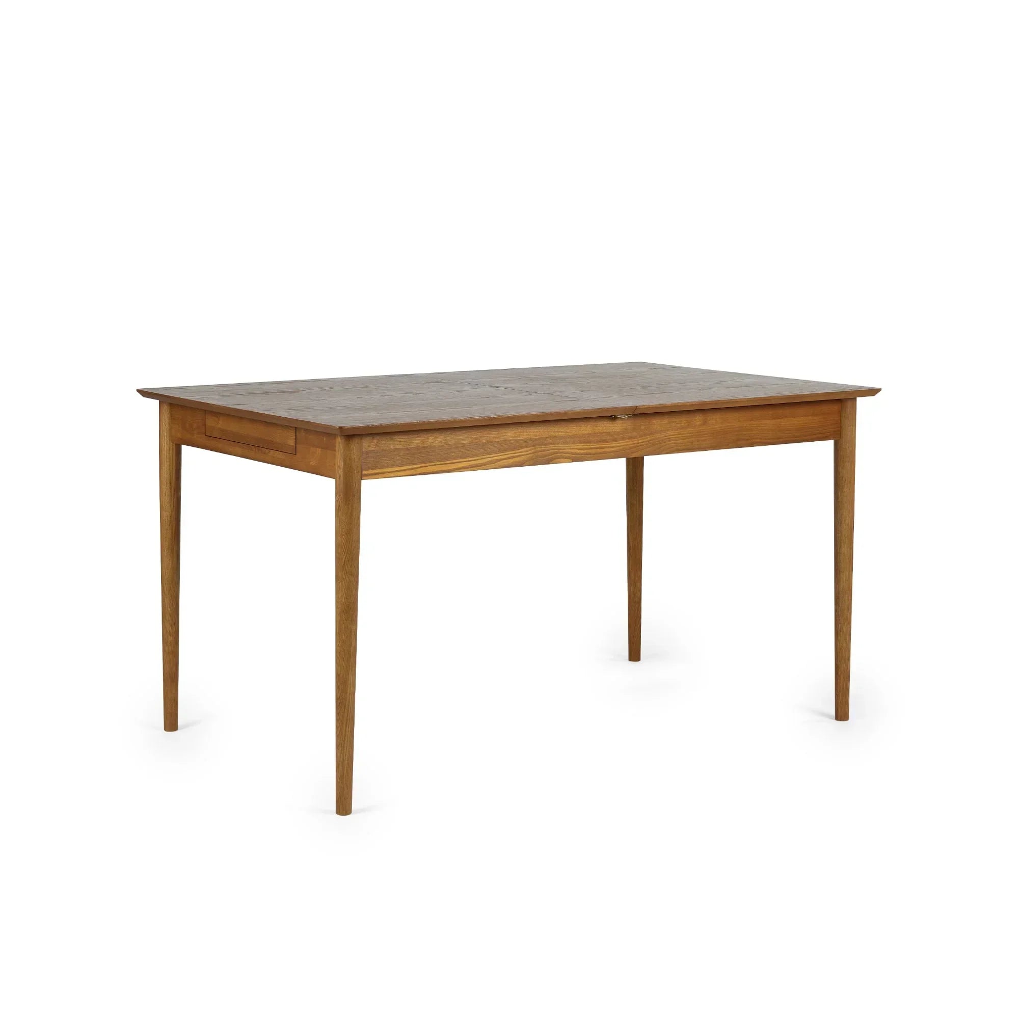 Rectangular extending dining table with tapered legs in natural wood finish on white background