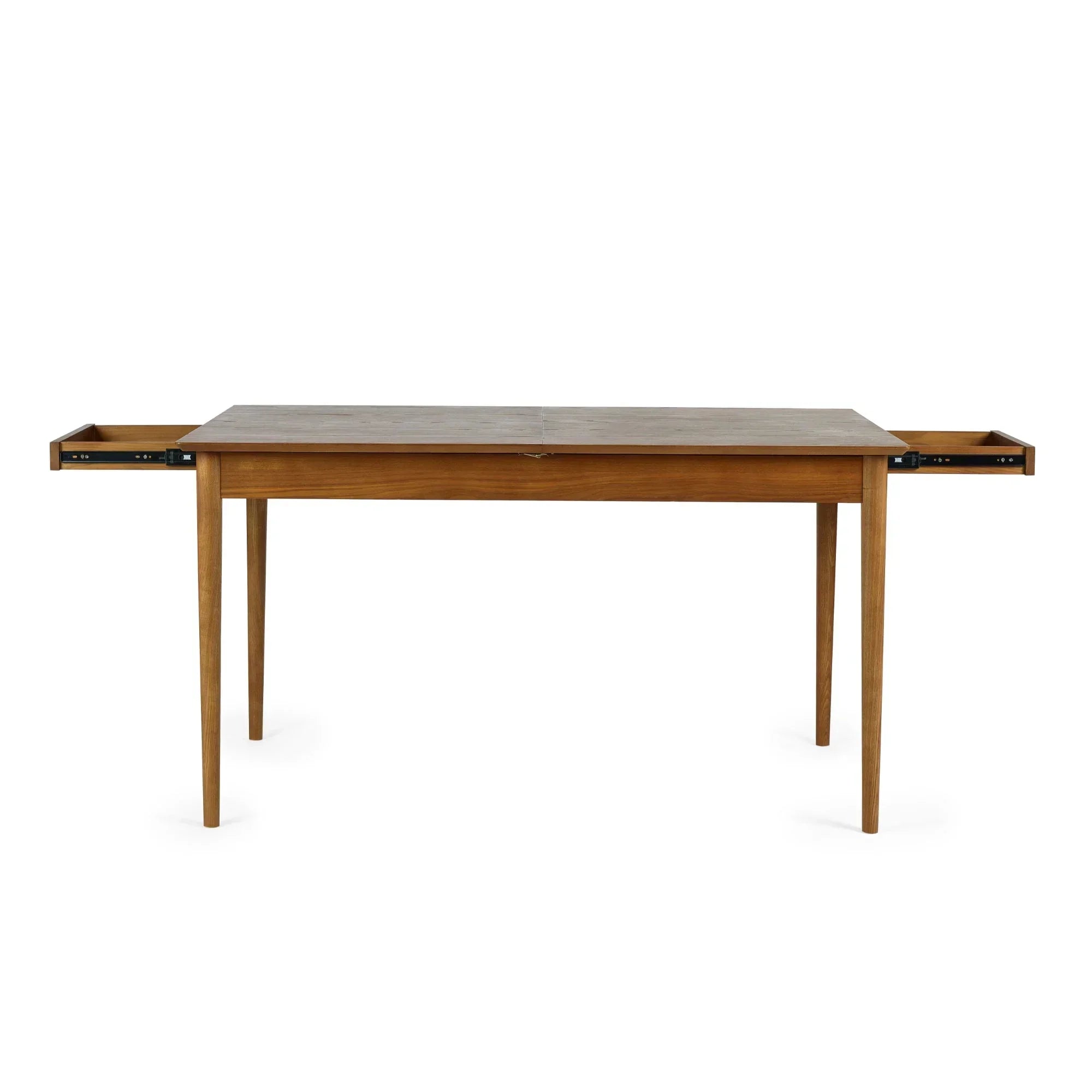 Rectangular oak extending dining table with leaves partially open, shown on white background
