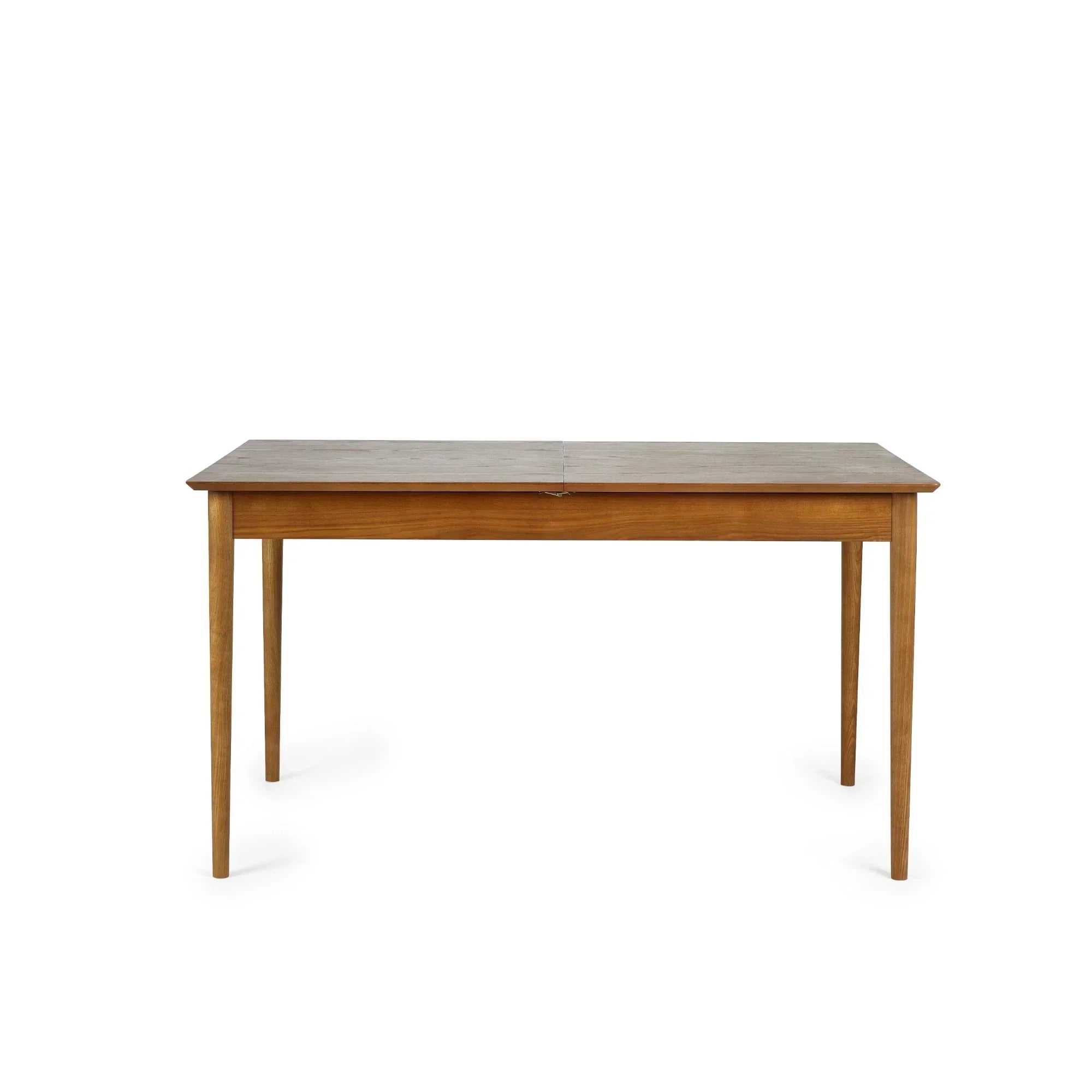 Rectangular wooden extending dining table with tapered legs on white background
