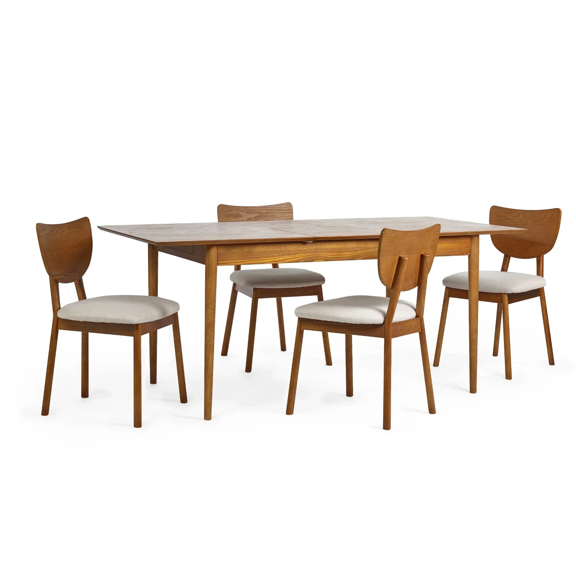 Wood extending dining table with four matching chairs, light fabric seats, white background