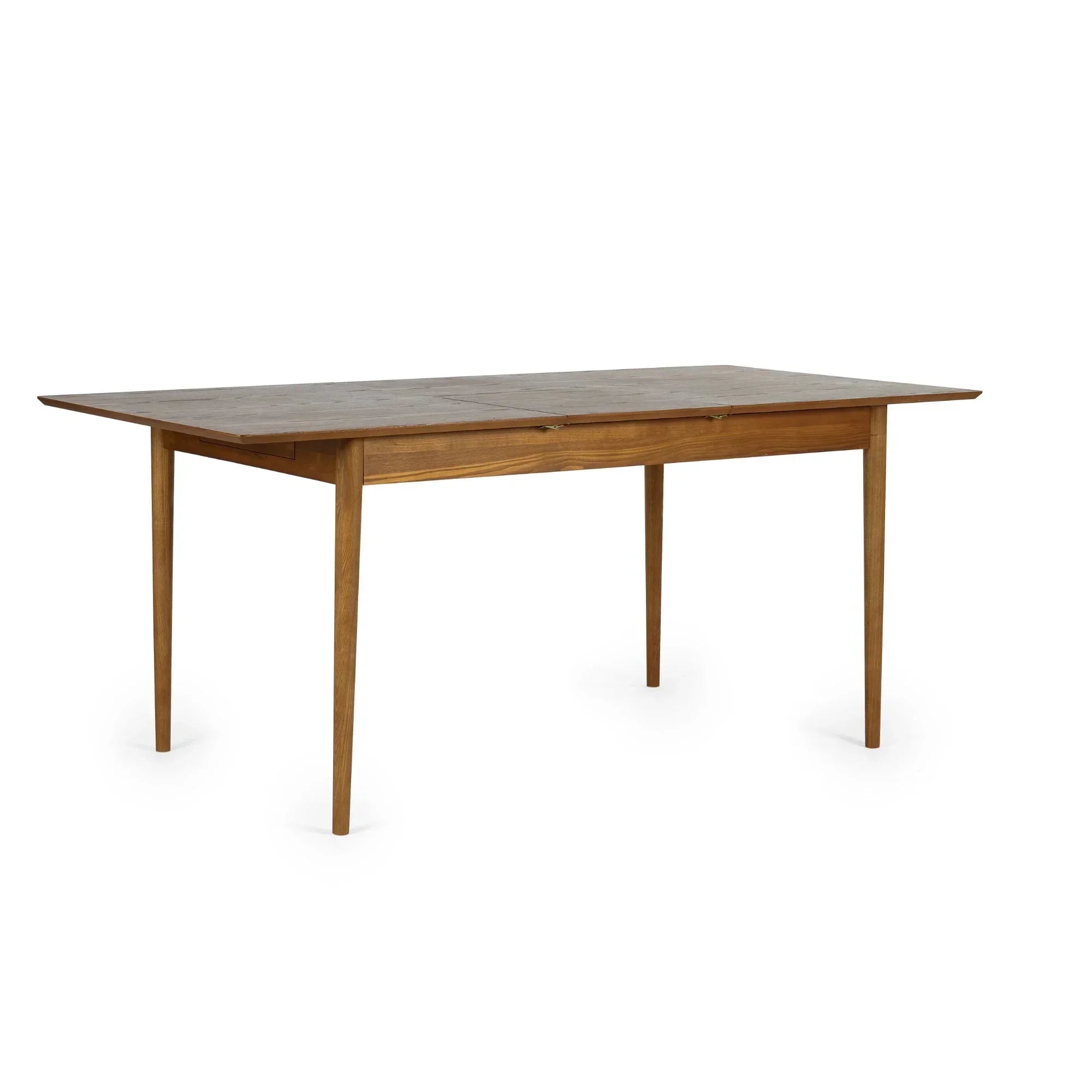 Rectangular oak extending dining table with slender legs on white background