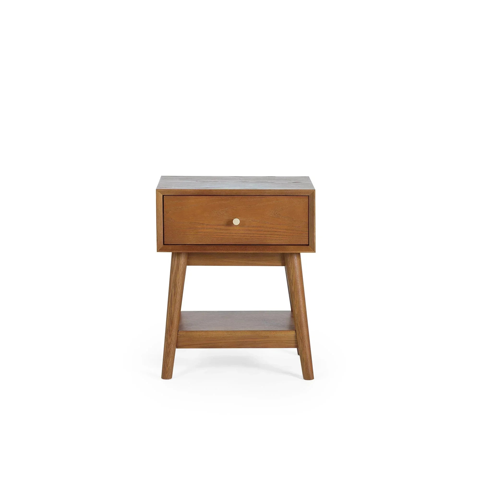 Wooden side table with one drawer, lower shelf, and angled legs on white background