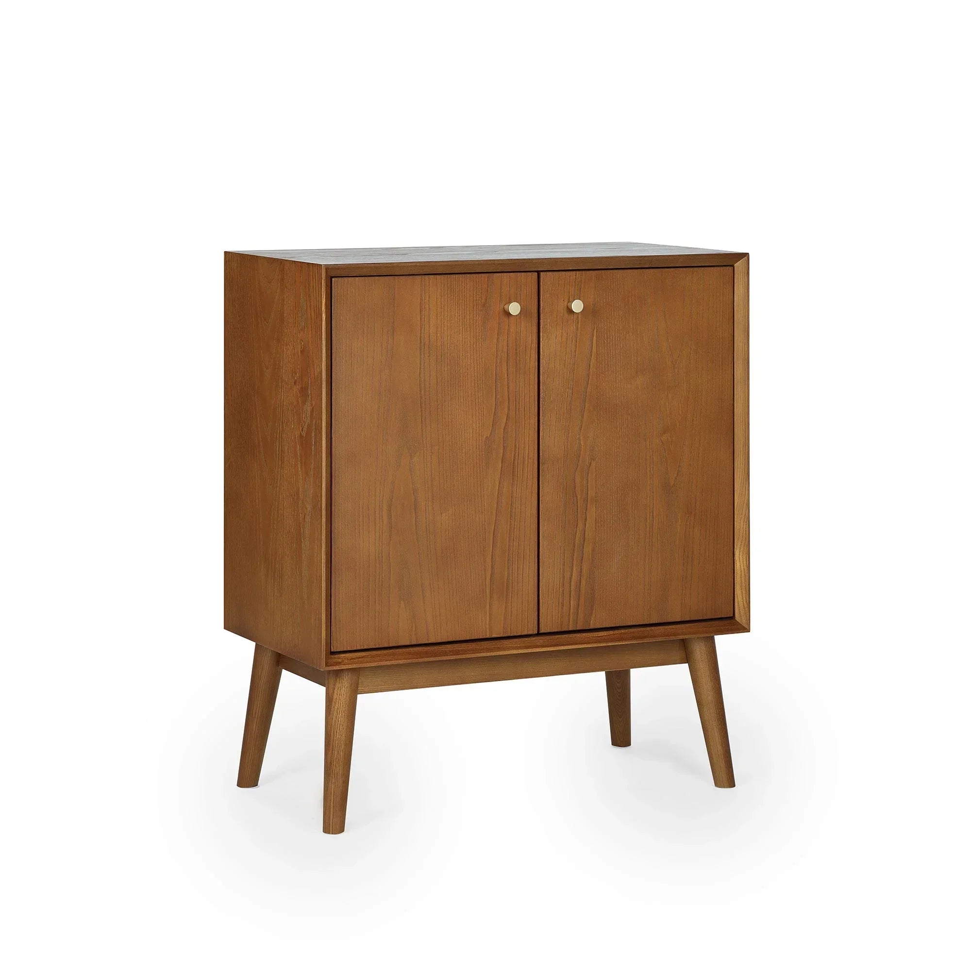 Small sideboard with two doors and angled legs in walnut finish on white background