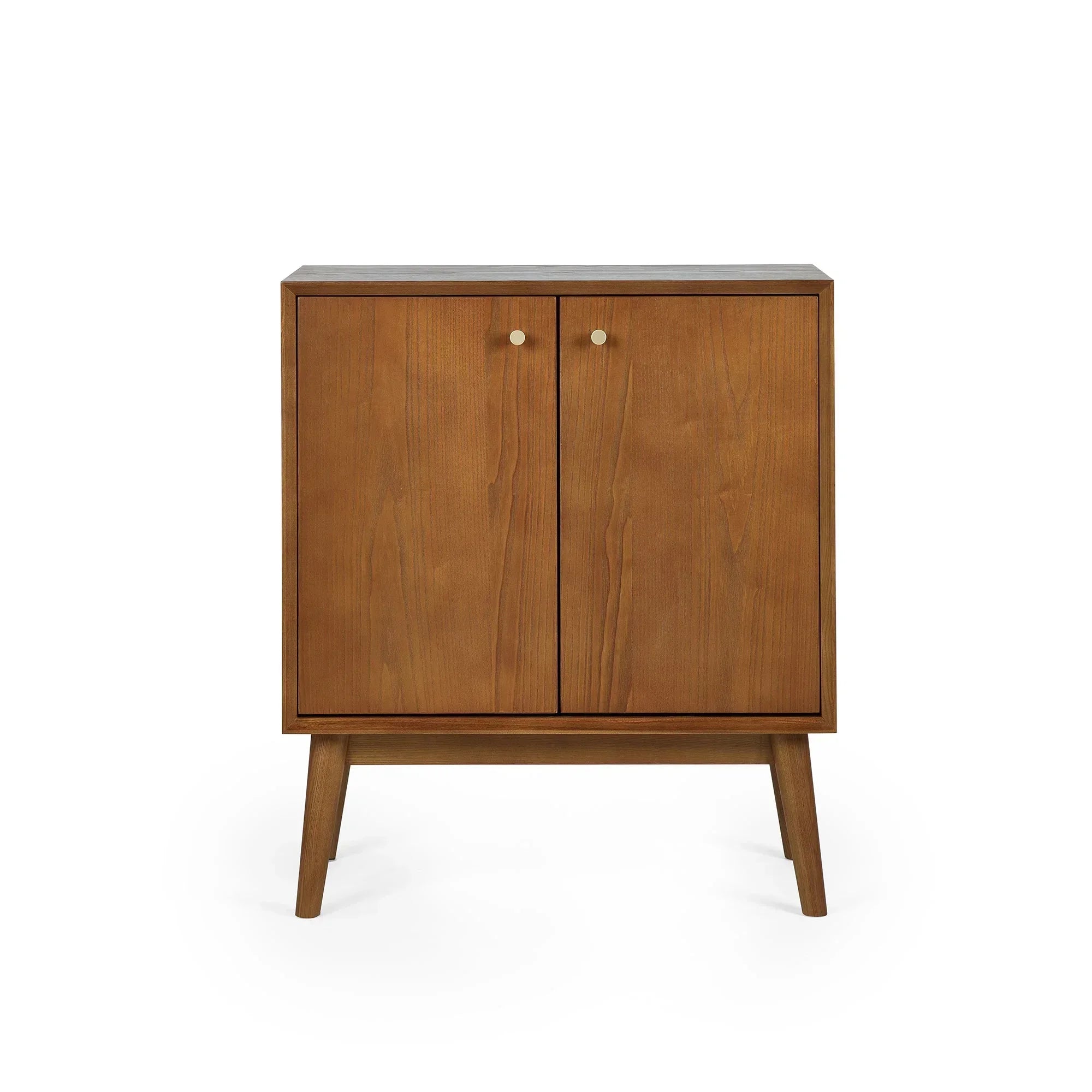 Small wooden sideboard with two doors and angled legs, mid-century style