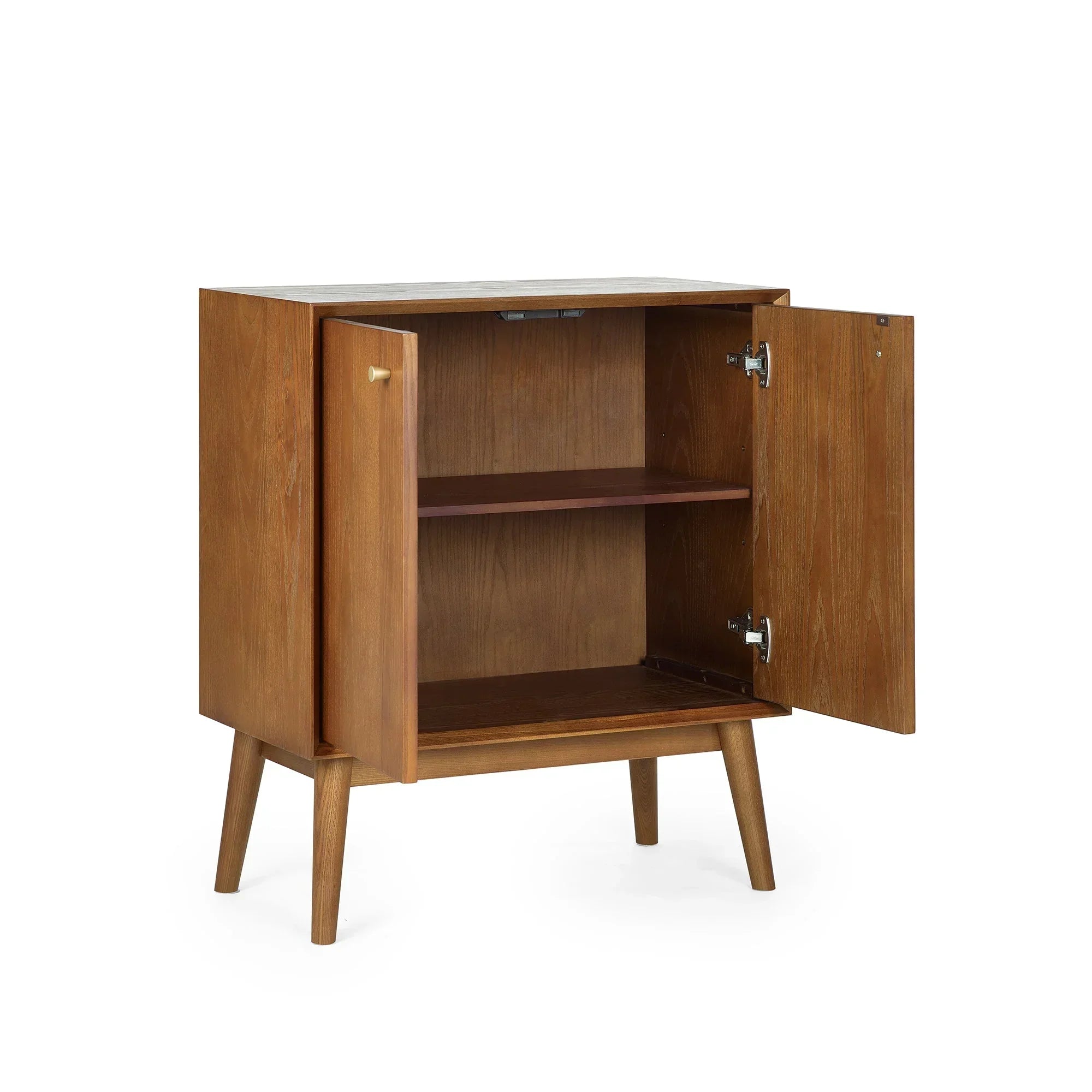Small wooden sideboard with tapered legs and double doors open to show interior shelf