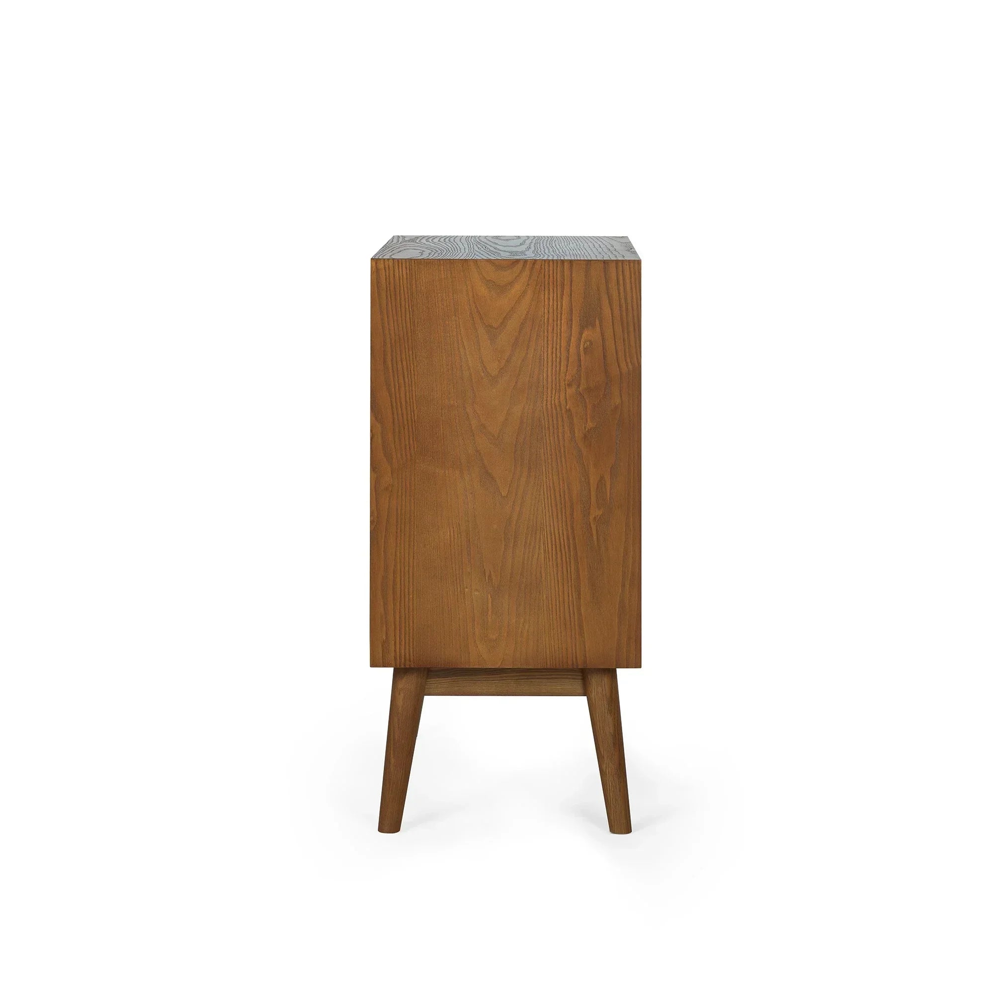 Side view of small wooden sideboard with tapered legs and natural grain finish