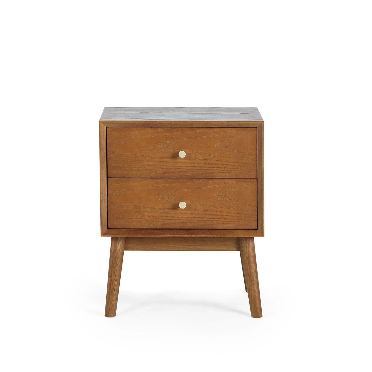 Mid-century oak bedside table with two drawers and round metal handles on white background