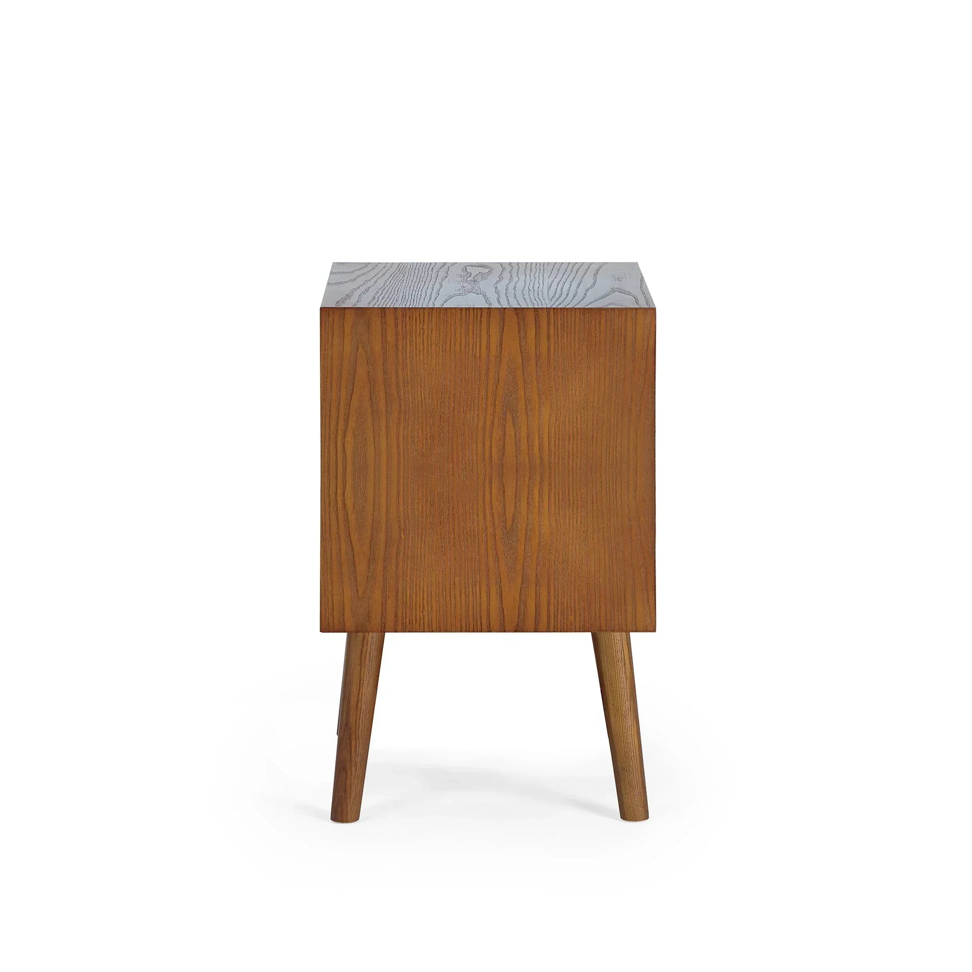 Side view of wooden bedside table with two drawers and tapered legs