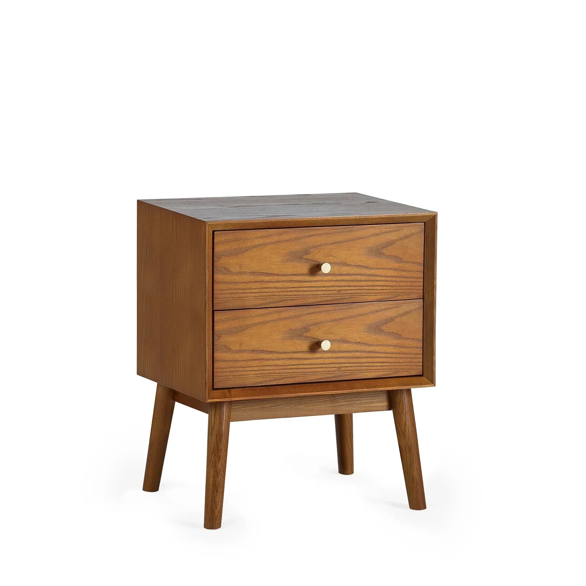 Mid-century style wooden 2 drawer bedside table with angled legs and natural wood finish
