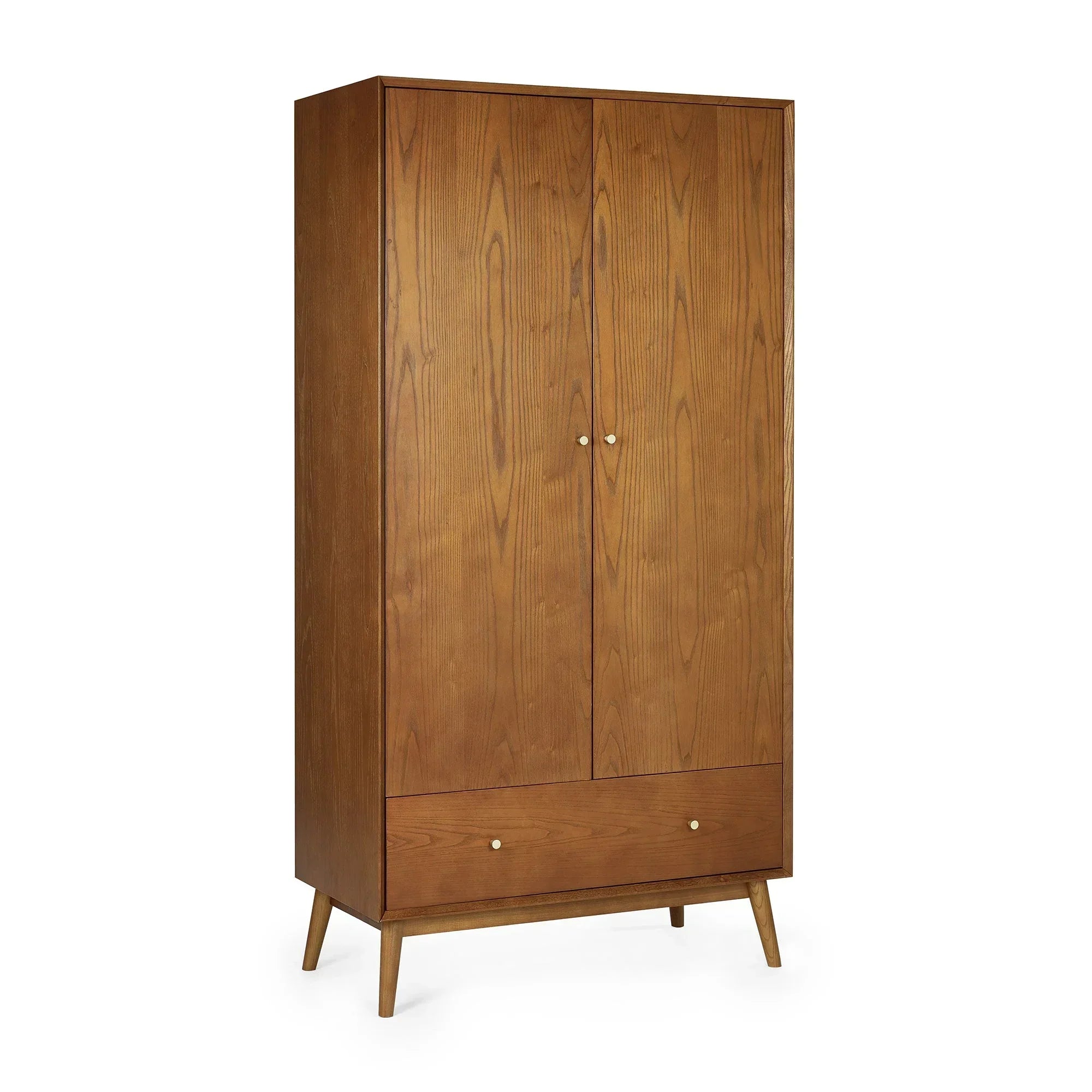 Wooden 2 door 1 drawer wardrobe with tapered legs and natural finish on white background