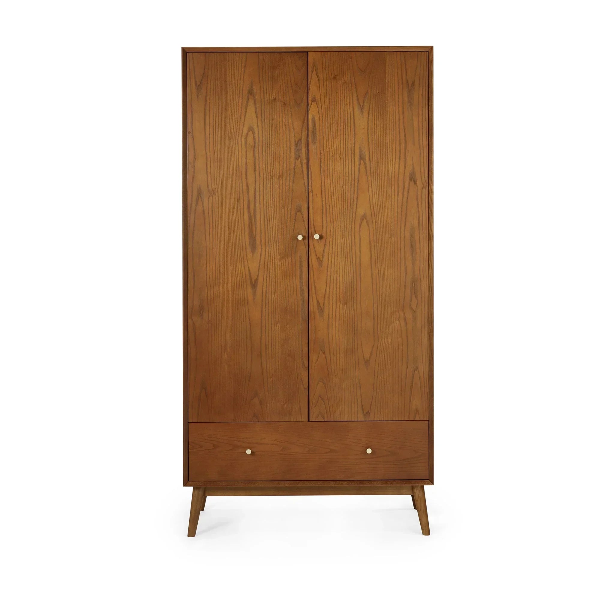 Mid-century oak wardrobe with two doors and single drawer on angled legs