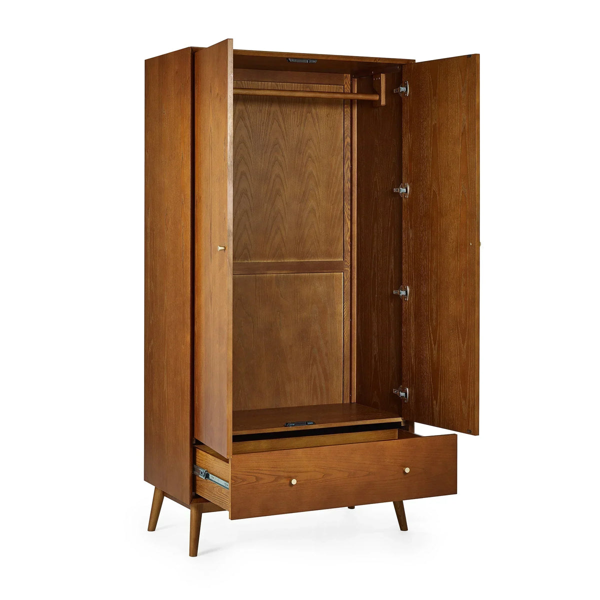 wooden 2 door 1 drawer wardrobe with hanging rail and open drawer, mid-century style