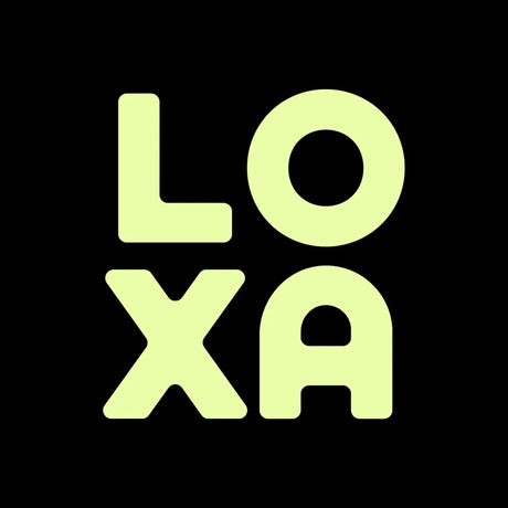 Bold modern furniture logo with LOXA text in pale yellow on black background