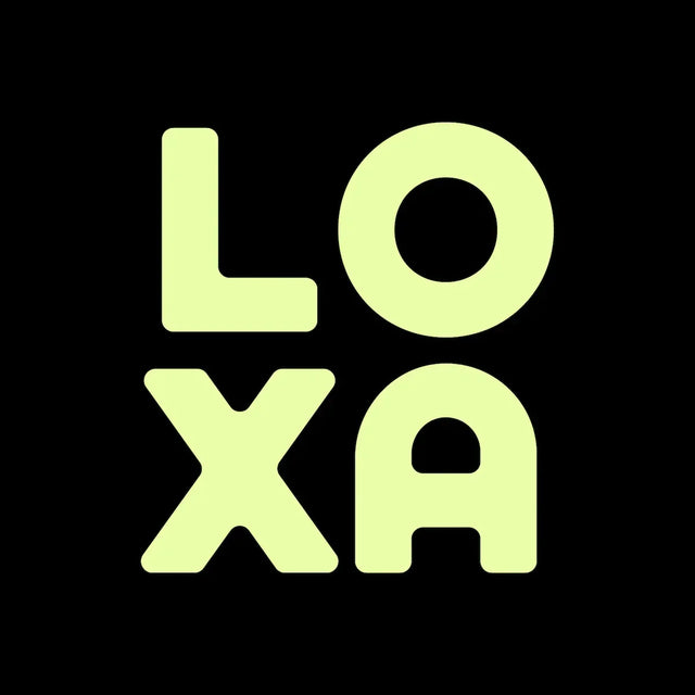 Bold modern furniture logo with LOXA text in pale yellow on black background