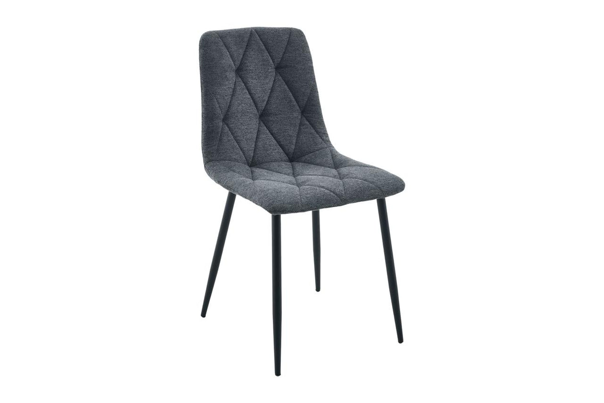 A modern dining chair with a dark gray tufted upholstered seat and backrest, supported by slim black metal legs, shown against a plain white background.