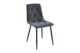 A modern dining chair with a dark gray tufted upholstered seat and backrest, supported by slim black metal legs, shown against a plain white background.