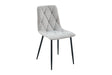 A modern dining chair with a light gray tufted fabric seat and backrest, supported by slim black metal legs, shown against a plain white background.