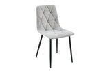 A modern dining chair with a light gray tufted fabric seat and backrest, supported by slim black metal legs, shown against a plain white background.