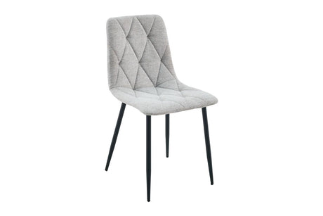 A modern dining chair with a light gray tufted fabric seat and backrest, supported by slim black metal legs, shown against a plain white background.