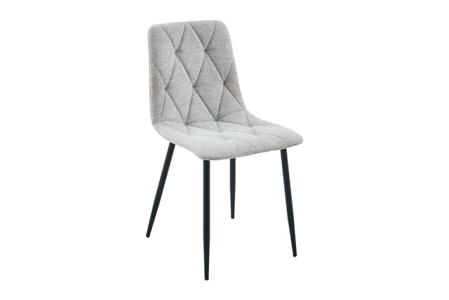 A modern dining chair with a light gray tufted fabric seat and backrest, supported by slim black metal legs, shown against a plain white background.