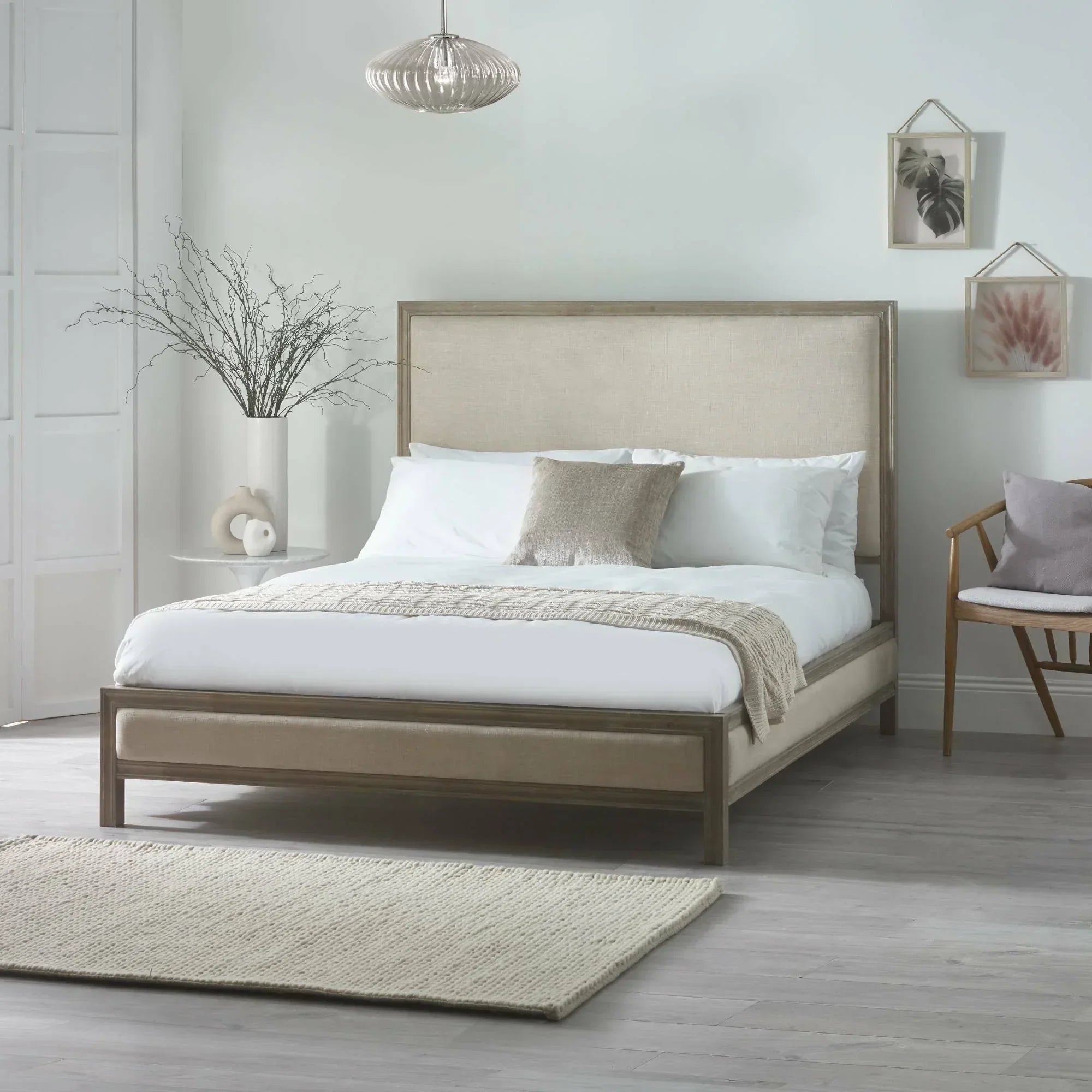 135cm double bed with upholstered headboard in minimalist bedroom, light wood finish