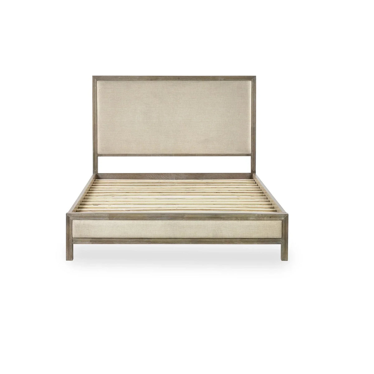Upholstered wooden bed frame with beige fabric headboard and footboard, front view