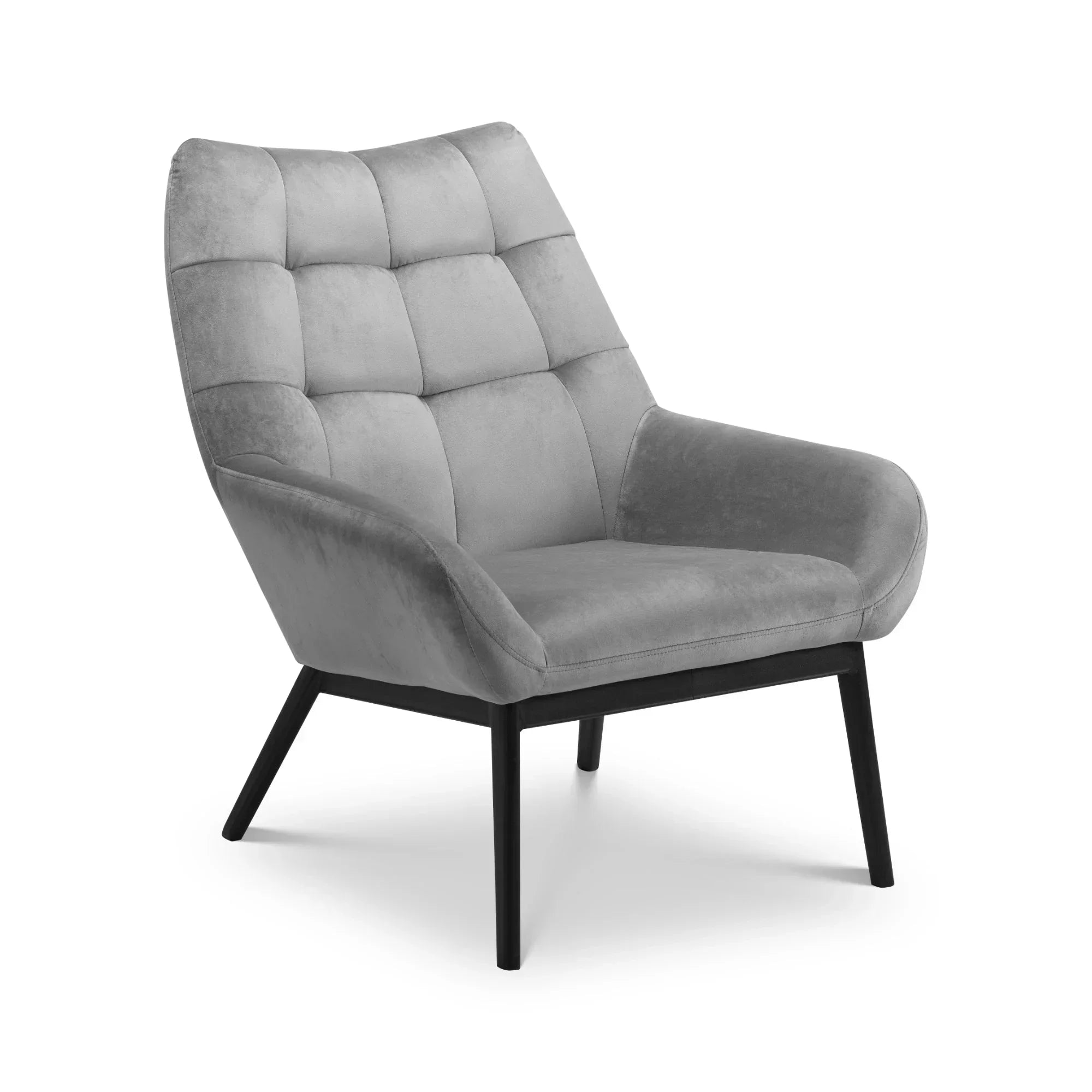 Grey velvet accent chair with tufted backrest and black wooden legs
