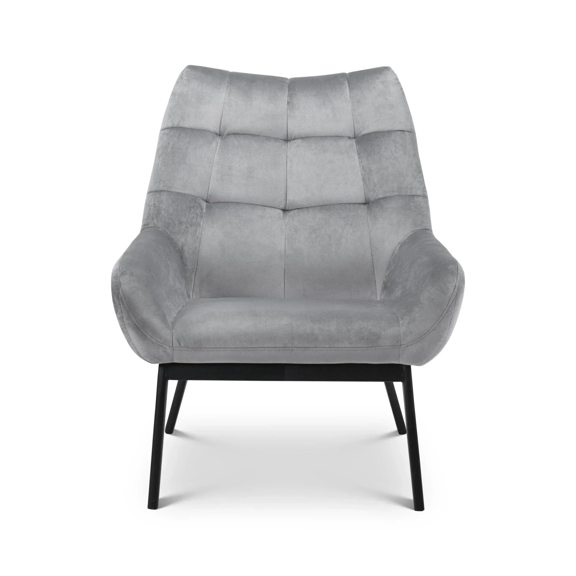 Light grey velvet accent chair with angled black metal legs, front view