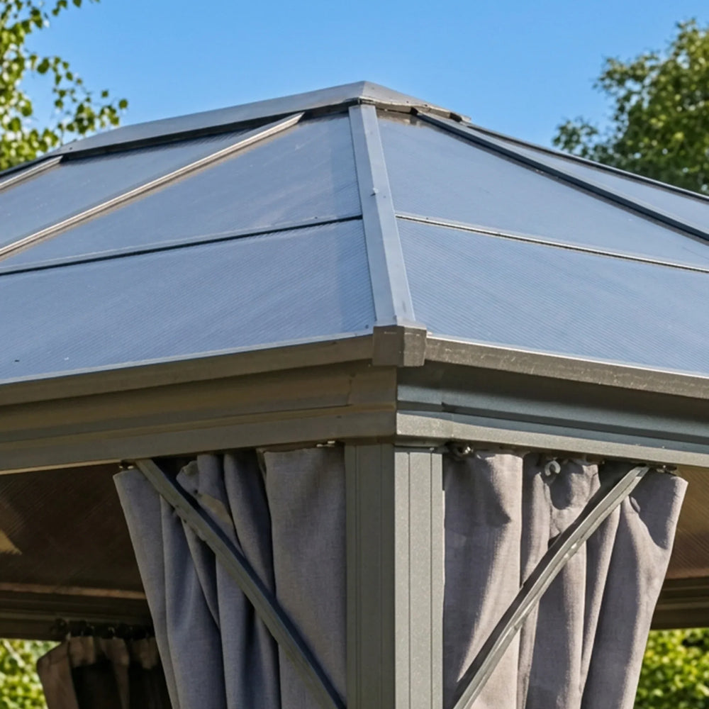 Grey metal garden gazebo with fabric curtains and polycarbonate roof