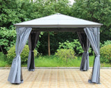 Grey metal gazebo with tied curtains on a tiled patio, garden greenery in background