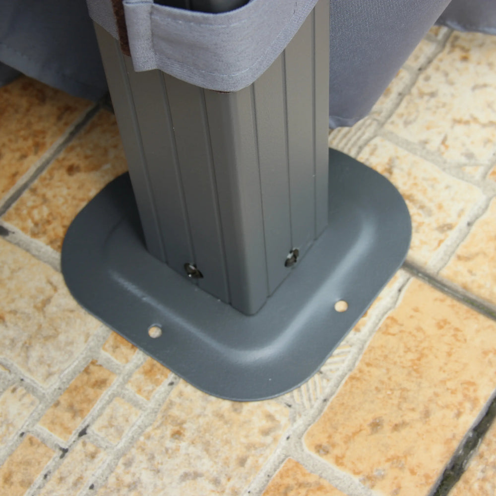 Powder coated steel gazebo leg base secured to patio tiles