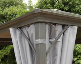 Grey metal gazebo corner post with attached grey outdoor curtain panel