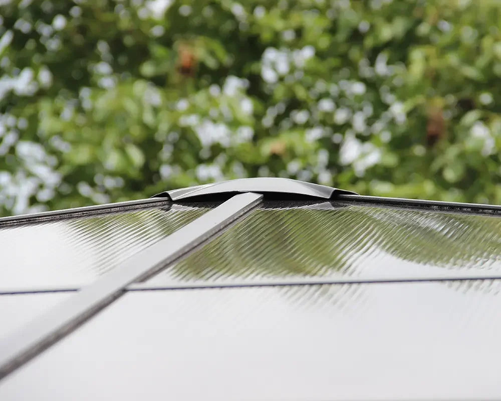 Close up of grey garden gazebo roof panel with polycarbonate material outdoors
