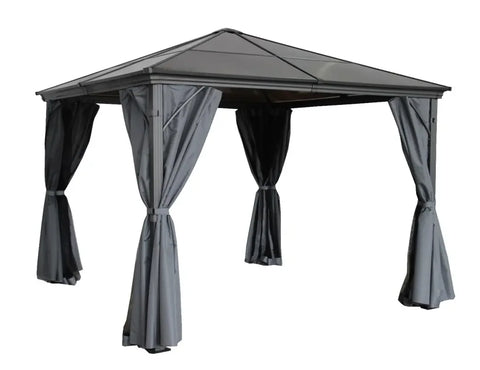 Grey metal gazebo with canopy roof and tie-back curtains, side angle view