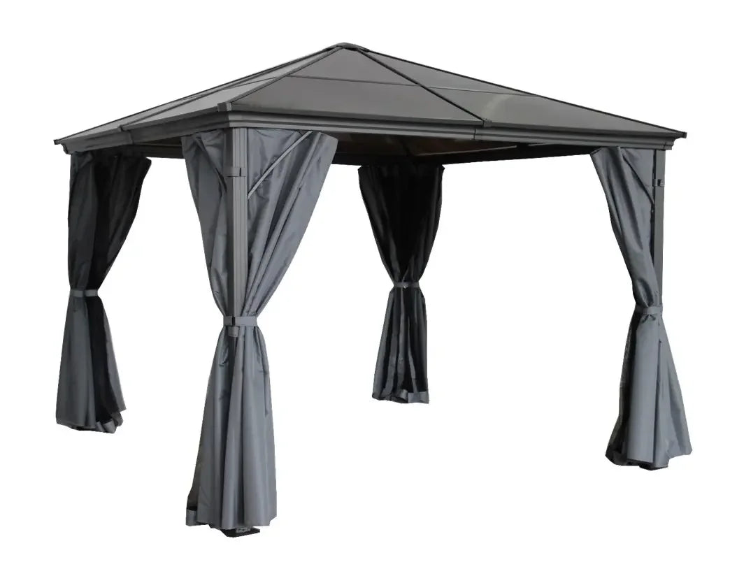 Grey metal gazebo with canopy roof and tie-back curtains, side angle view